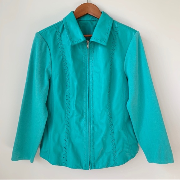 NYGARD | TURQUOISE LEATHER WOVEN LIGHTWEIGHT SHOWSTOPPER MOTO JACKET STATEMENT - Picture 1 of 12